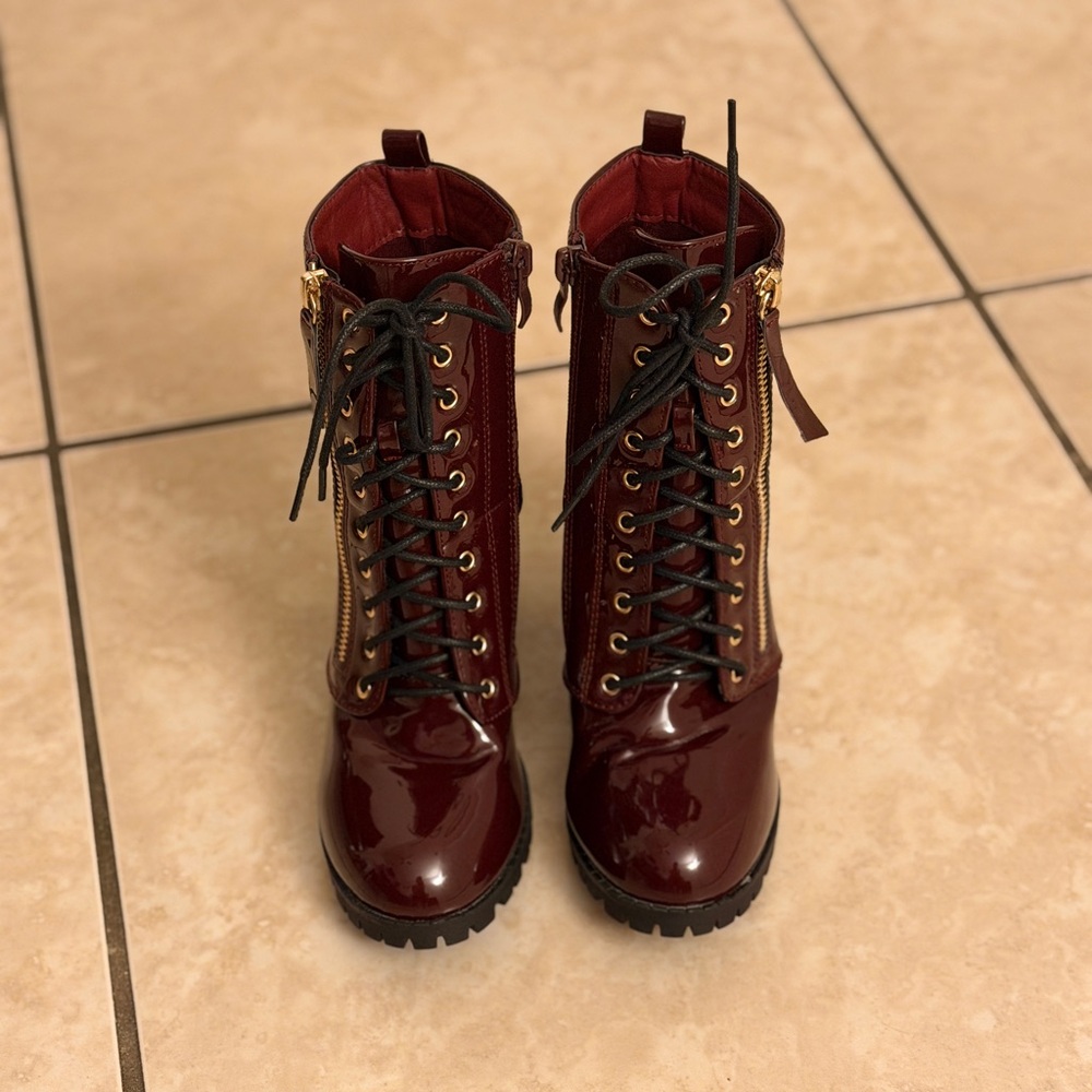 Women's Burgundy Lace-Up High Heel Ankle Boots - Size 7